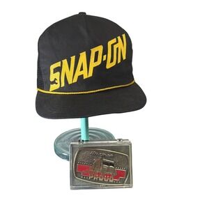 Snap-On Hat Trucker Cap + 1989 Brass Belt Buckle USA Mechanic Lot